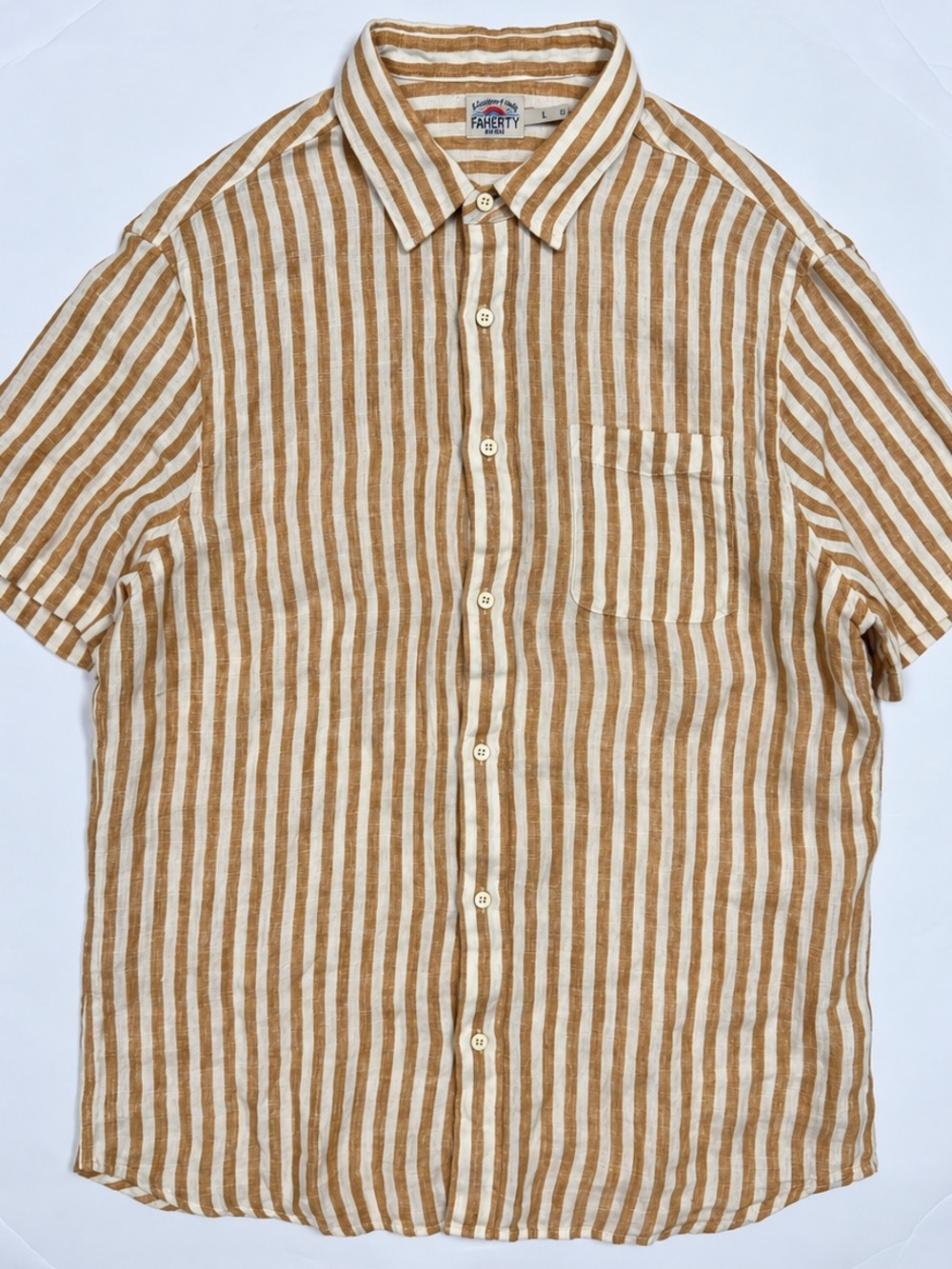 Faherty Palma 100% Linen Shirt Men’s Large Short Sleeve Yellow Striped Casual - Picture 2 of 7